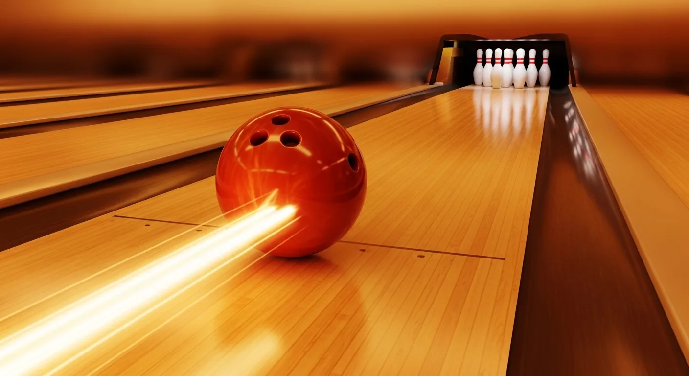 A bowling ball curving down a polished lane toward the pins